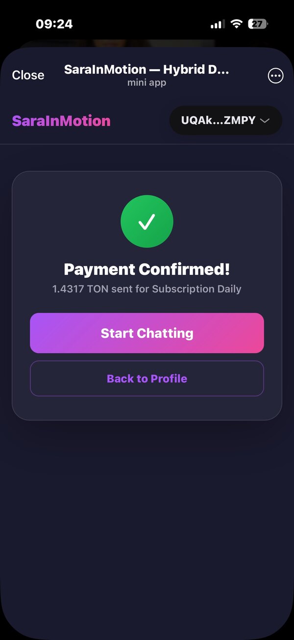 Payment Confirmed screen showing 1.4317 TON received